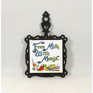 Vintage Trivet Free Milk With Meals Ceramic Tile Cast Metal Hot Pad Wall Hanger